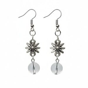 Silver Daisy Flower & Clear Quartz Round Bead Drop Dangle Earrings Women Jewelry